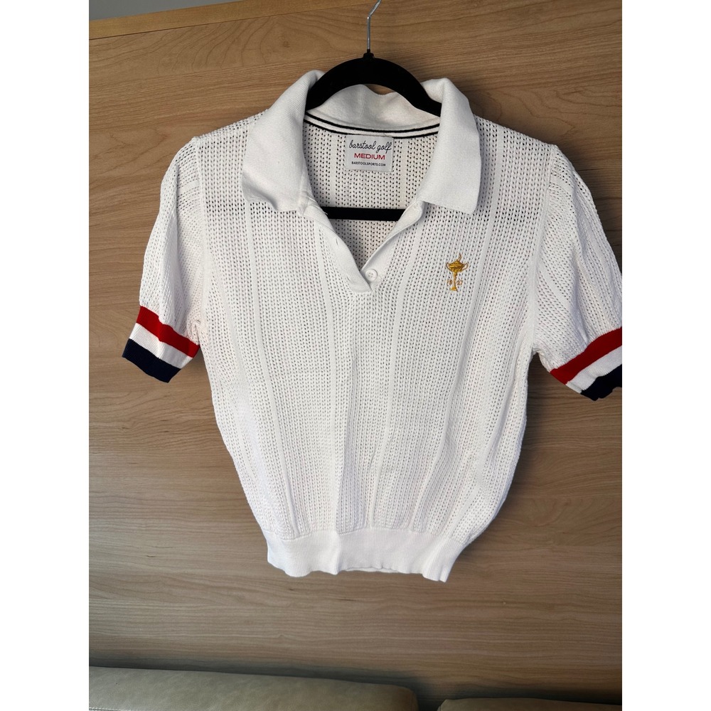 Barstool Golf Women White Knit Polo Shirt Medium Short Sleeve Cotton Ryder Cup